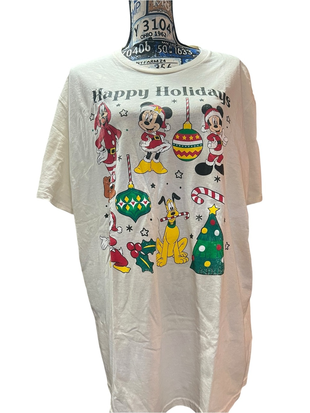 Beige Multi Disney Character Minnie Mickey Donald Duck Christmas Tee Sz XXL